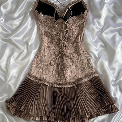 Brown Vintage Lace Beading Pleated Birthday Party Dress Short Homecoming Dress S346