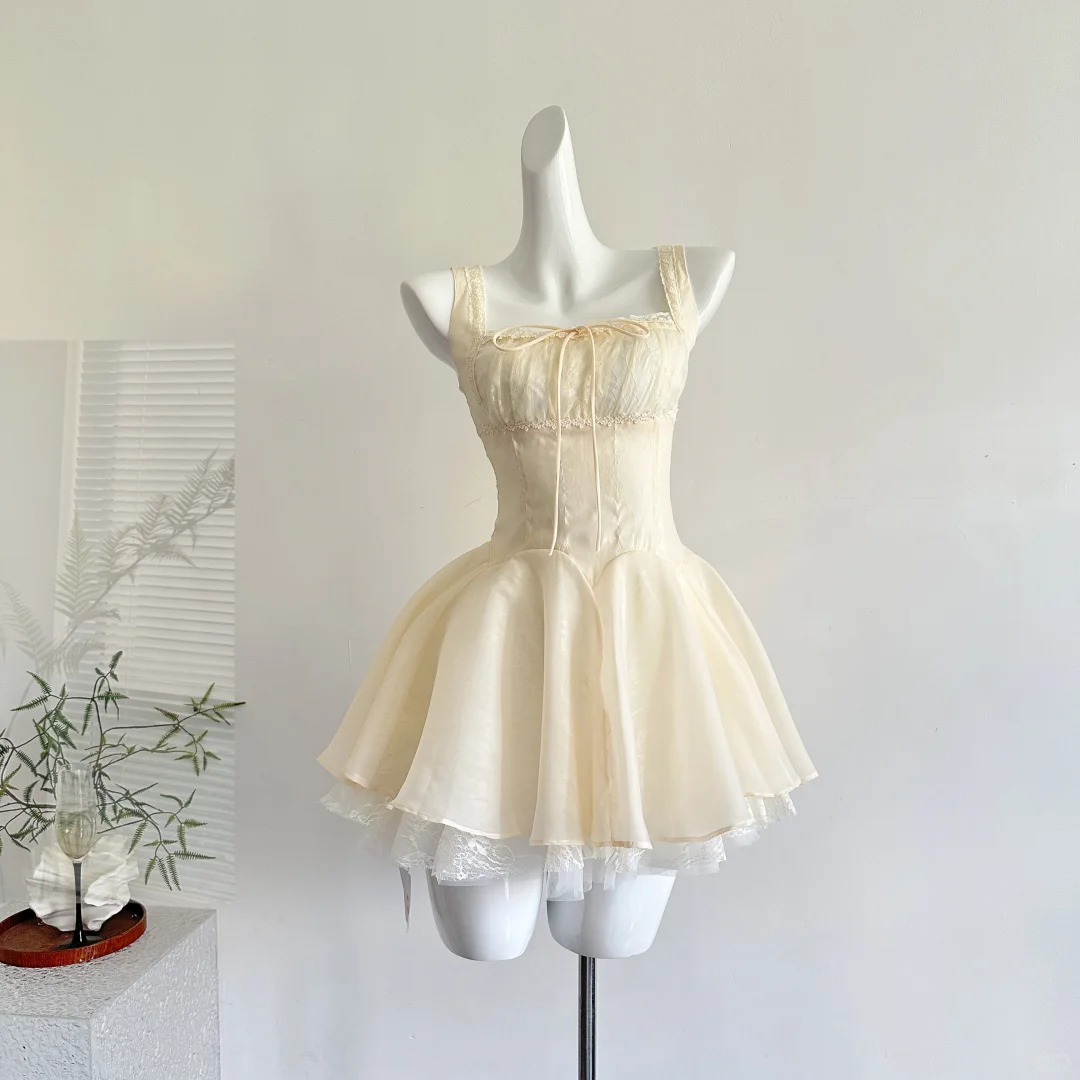 Cute Square Neck Yellow Short Women Dress Vacation Dress S694