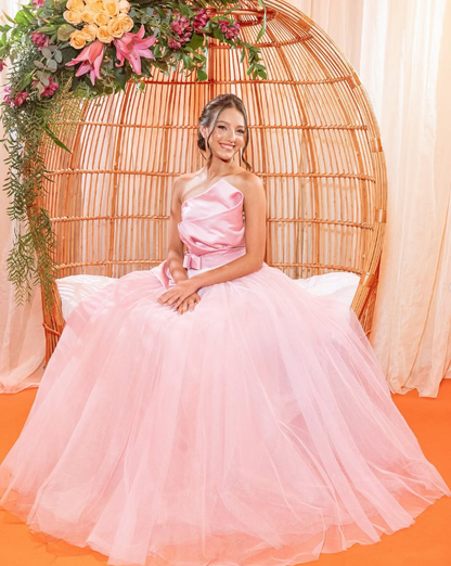Elegant A Line Strapless Pink Tulle Satin Prom Dress Birthday Dress SH2508