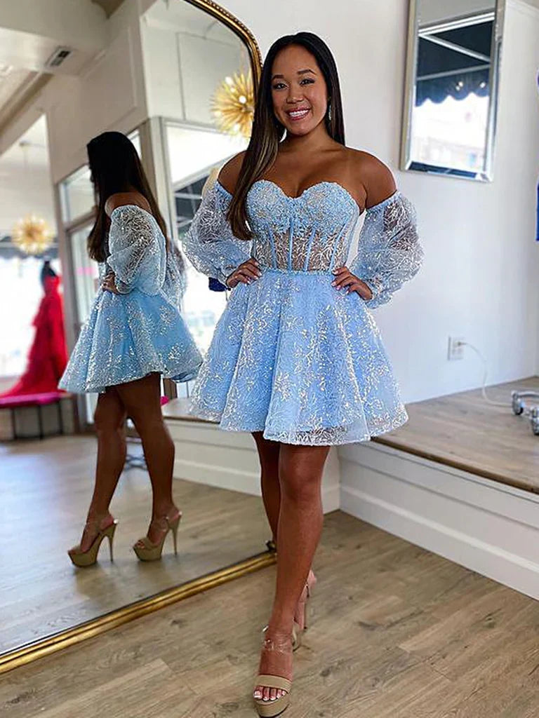 Baby Blue Lace Homecoming Dresses With Bubble Sleeves