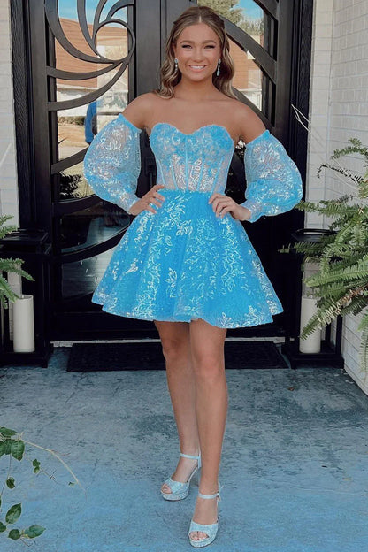 Baby Blue Lace Homecoming Dresses With Bubble Sleeves