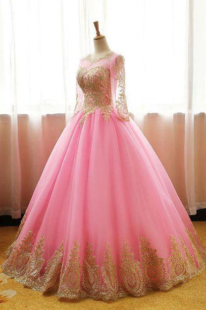 Ball Gowns Scoop Tulle Applique Pink Long Sleeves Prom Dress PSK061