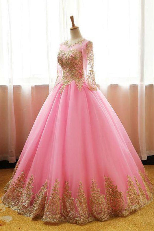 Ball Gowns Scoop Tulle Applique Pink Long Sleeves Prom Dress PSK061