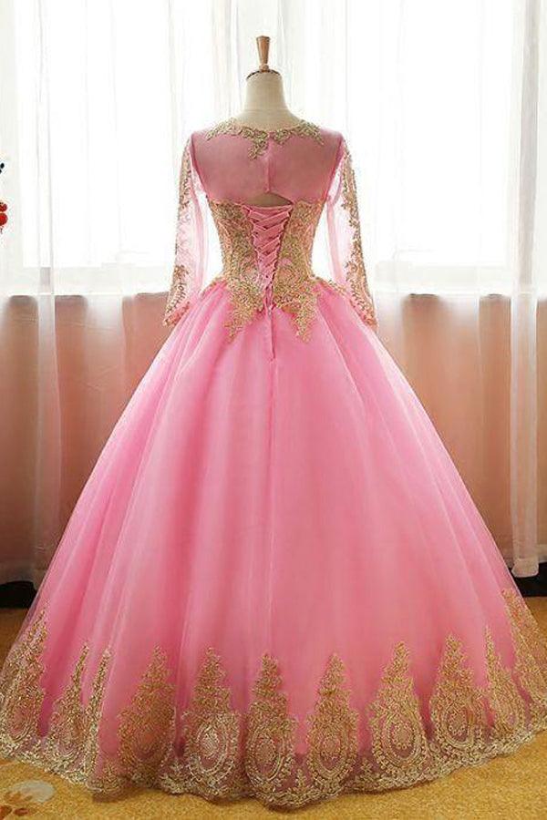 Ball Gowns Scoop Tulle Applique Pink Long Sleeves Prom Dress PSK061