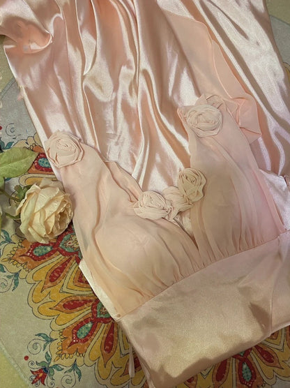 Morandi light pink floral long satin ball gown evening dress party dress gh4489