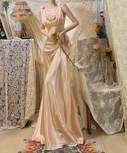 Morandi light pink floral long satin ball gown evening dress party dress gh4489