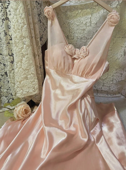 Morandi light pink floral long satin ball gown evening dress party dress gh4489