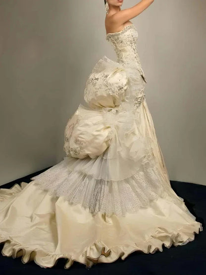 Exquisite Mermaid Sweetheart Neck Beaded Tulle Satin Long Prom Dress Wedding Dress SH3551