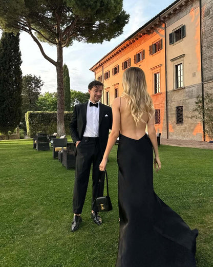 Black Backless Prom Dress Floor Length Party Gowns With Slit