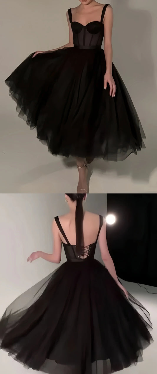Black Midi Dress, Tulle Prom Dress, Black Formal Dresses, A-line Evening Dresses