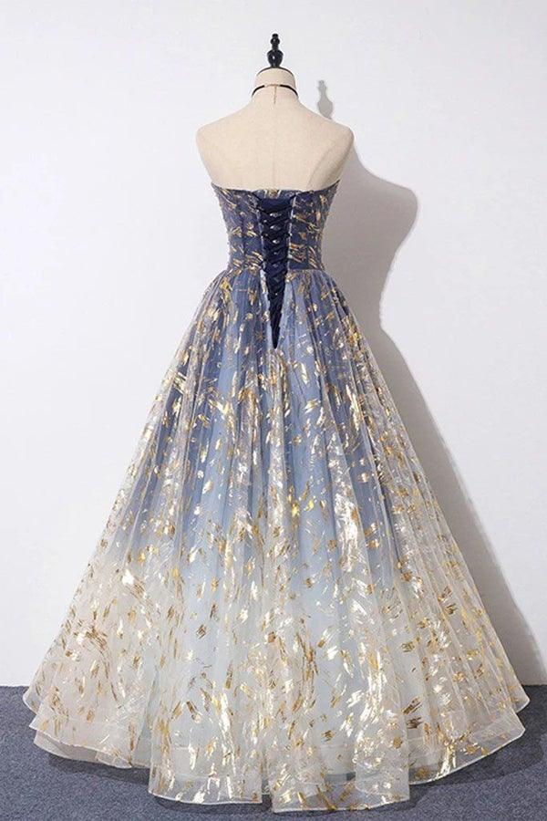 Floral Print Tulle Strapless Long A Line Blue Prom Dress PSK201