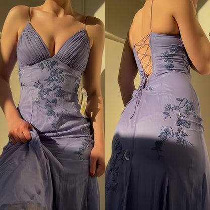 Blue Long Prom Dresses, Chiffon Evening Dresses, Appliques Party Dresses, Sheath Formal Dress