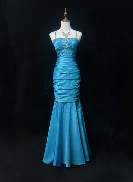 Blue Elegant Gorgeous Vintage Exquisite Beaded Long Mermaid Slim Satin Ball Gown Evening Dress Party Dress Prom Dress gh3871
