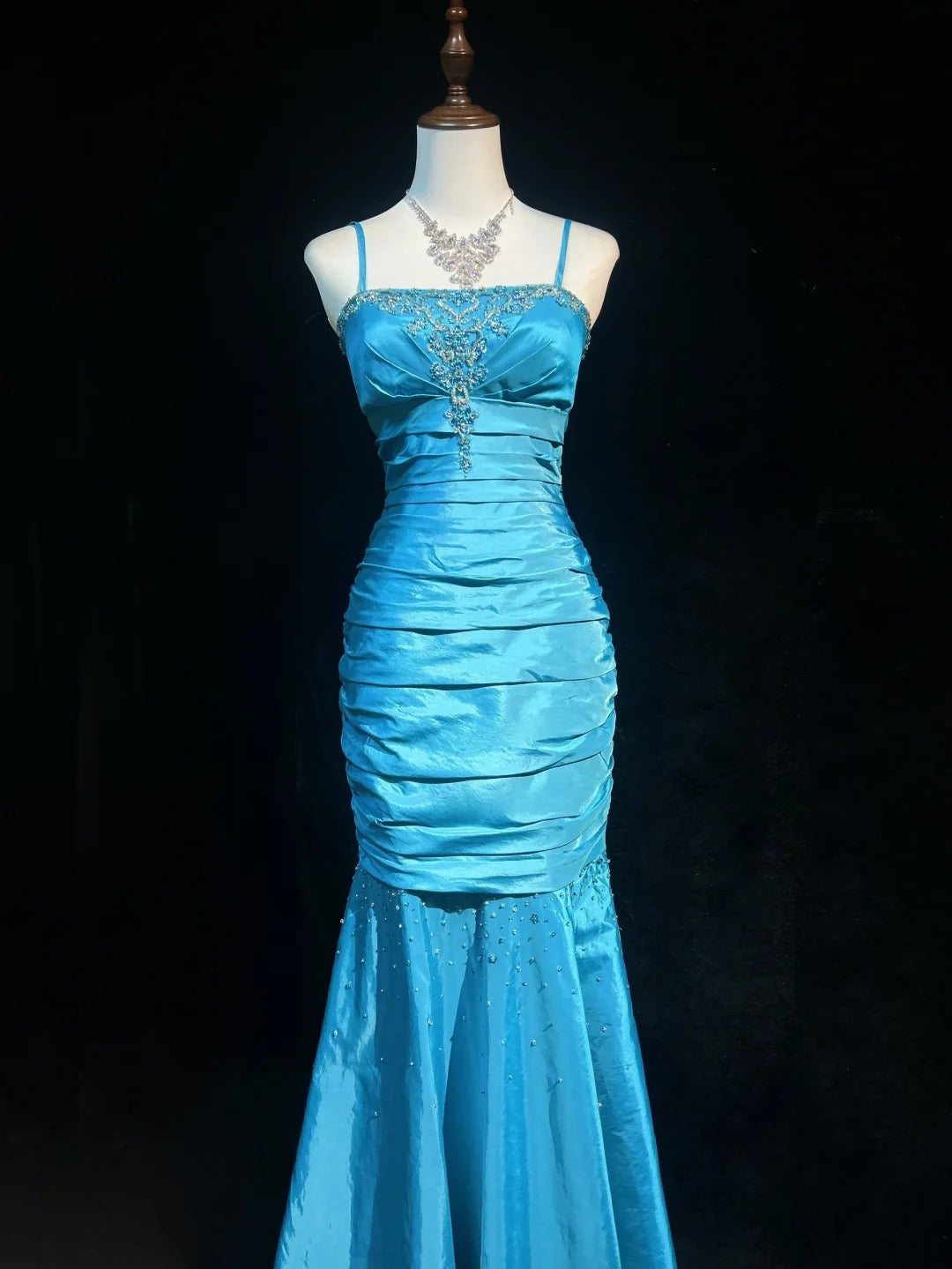 Blue Elegant Gorgeous Vintage Exquisite Beaded Long Mermaid Slim Satin Ball Gown Evening Dress Party Dress Prom Dress gh3871