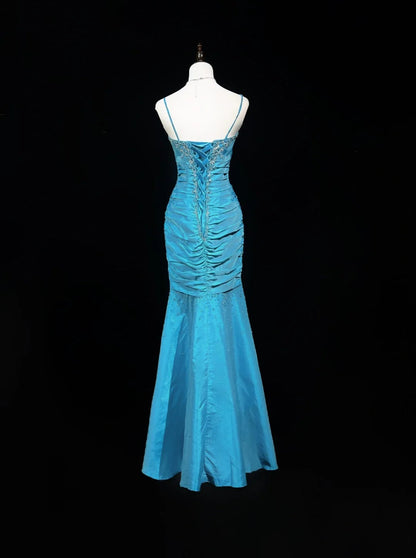 Blue Elegant Gorgeous Vintage Exquisite Beaded Long Mermaid Slim Satin Ball Gown Evening Dress Party Dress Prom Dress gh3871