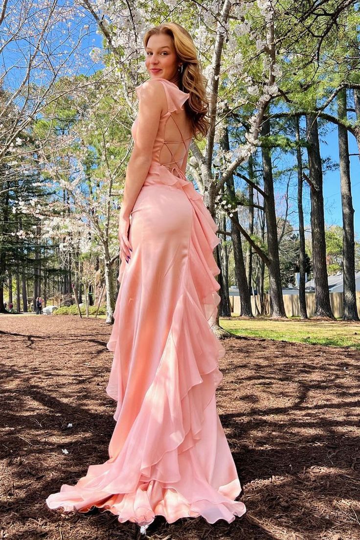 Light Pink Mermaid Straps Ruffle Chiffon Satin Prom Dress Evening Dress with Slit SH2029