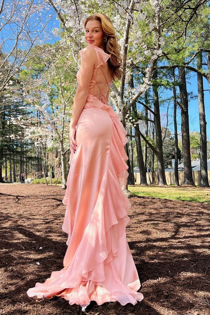 Light Pink Mermaid Straps Ruffle Chiffon Satin Prom Dress Evening Dress with Slit SH2029