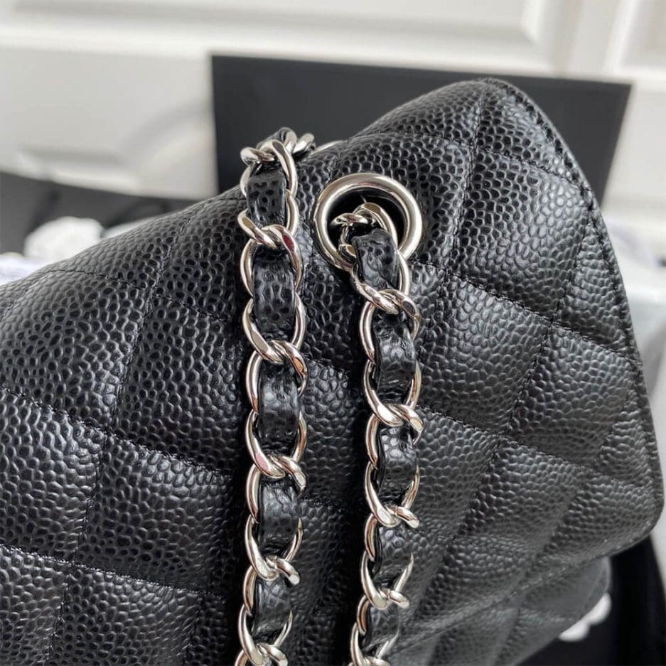 CHANEL CLASSIC HANDBAG Grained Calfskin & Silver Metal