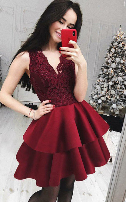 PM209,Burgundy Satin Homecoming Dresses Lace Graduation Dress