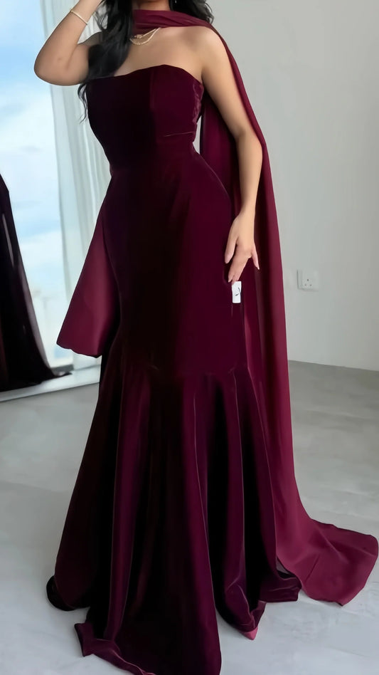 Burgundy Strapless Mermaid Long Prom Dress