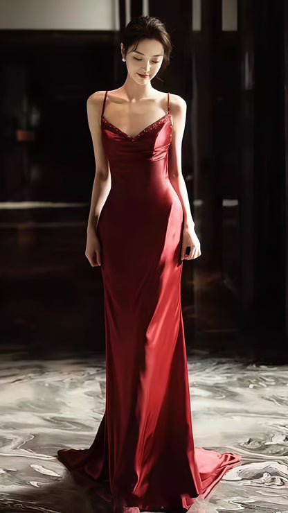 Burgundy V-Neck Beaded Party Dress, Spaghetti Straps Senior Prom Dress
