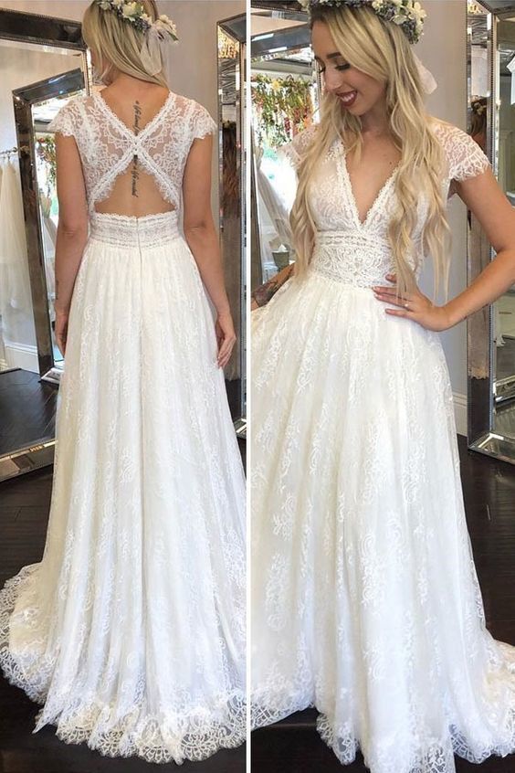 PM089,A Line Deep V Neck Cap Sleeves Lace Wedding Dress, Beach Wedding Gown