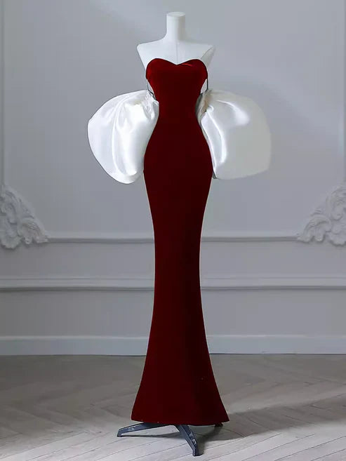 Burgundy Fashion Elegant Mermaid Off-shoulder Long Slim Velvet prom dress Evening Dress Party Dress gh3574