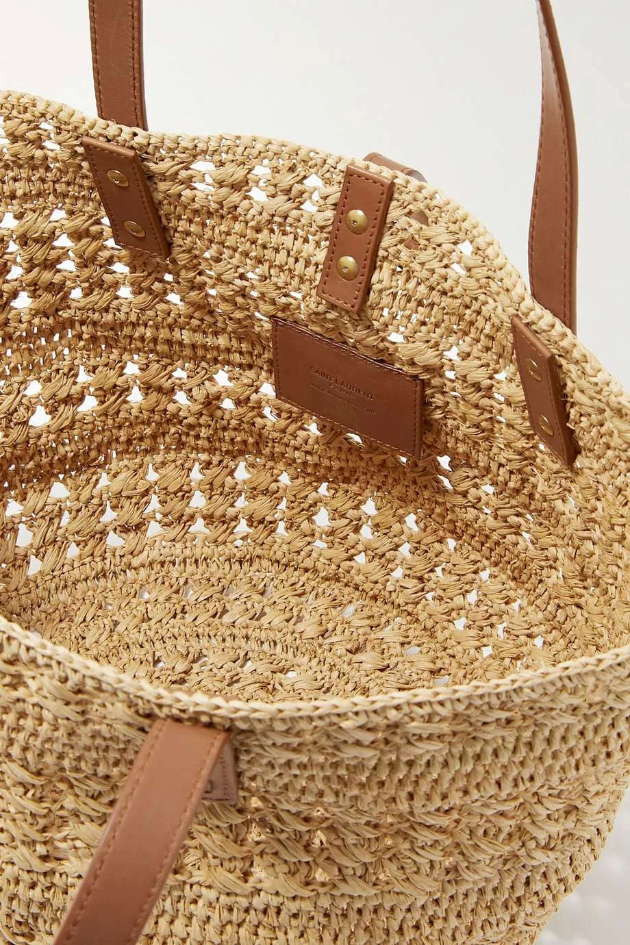 SAINT LAURENT Panier small leather-trimmed raffia tote