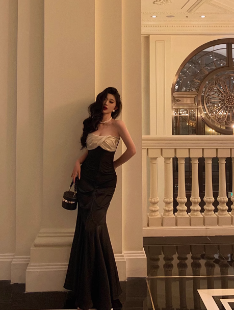 Elegant Mermaid Sweetheart Black Satin 23rd Birthday Dress Party Gown Birthday Outfits Birthday Dress Ideas For Women DP1488