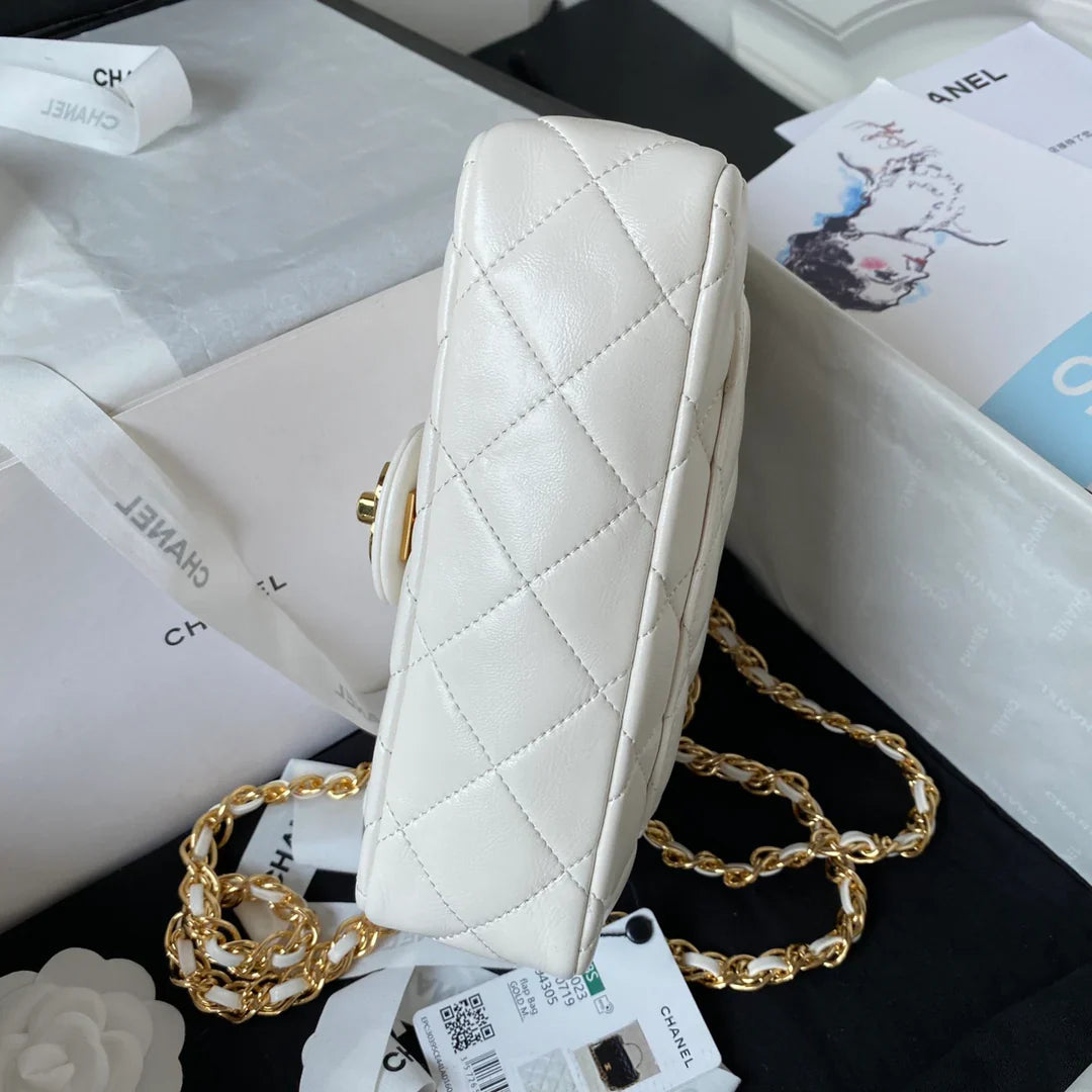 Chanel Flap Bag Gold Top Handle White - 13X21X8cm