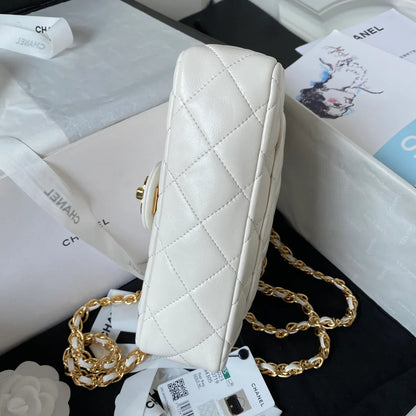 Chanel Flap Bag Gold Top Handle White - 13X21X8cm