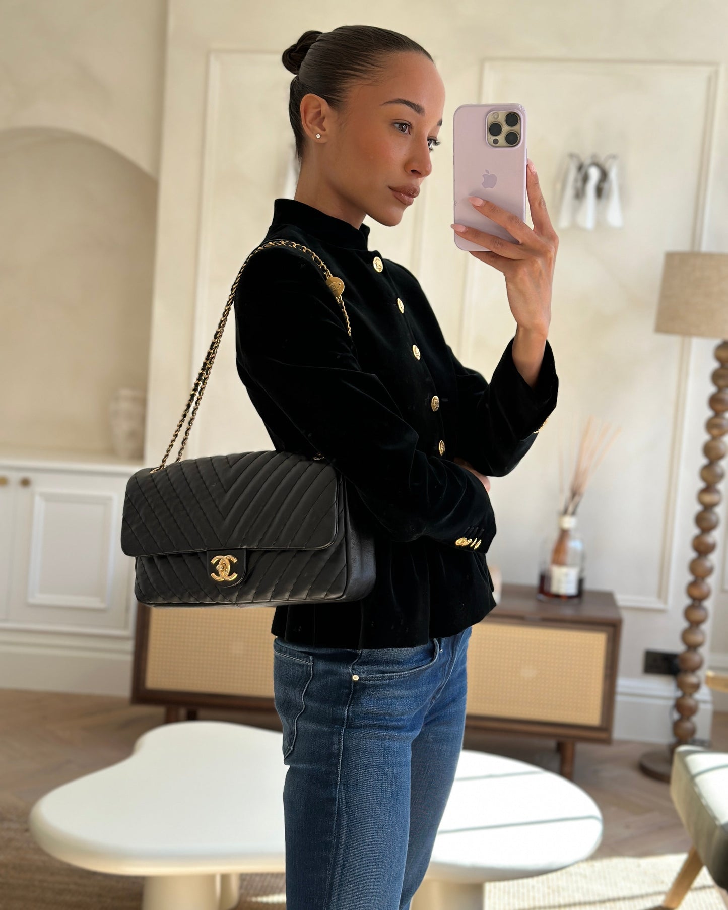 Chanel Black Large Single Flap Bag in Chevron Lambskin Leather with Gold Hardware and CC Medallion Detail