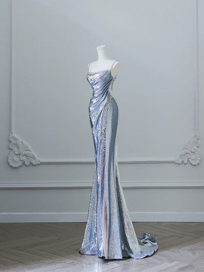 Sexy Mermaid Spaghetti Straps Silver Sequin Long Prom Dresses S3808