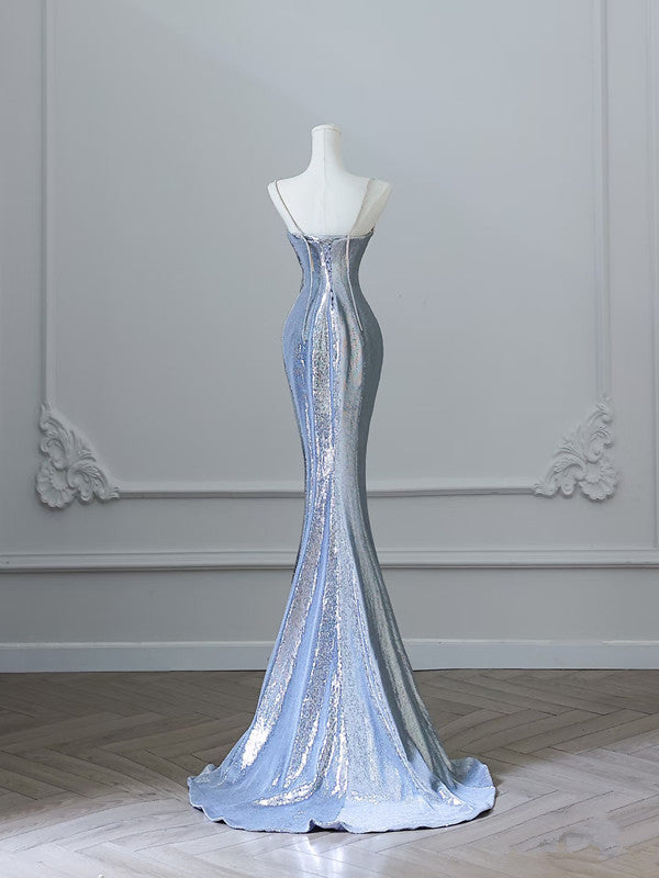 Sexy Mermaid Spaghetti Straps Silver Sequin Long Prom Dresses S3808