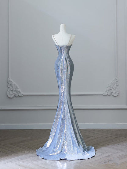 Sexy Mermaid Spaghetti Straps Silver Sequin Long Prom Dresses S3808