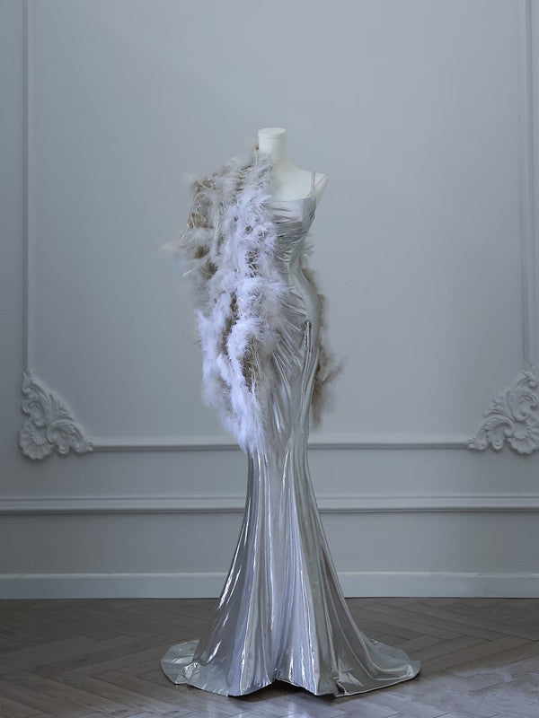 Sexy Mermaid Spaghetti Straps Silver Sequin Long Prom Dresses S3820