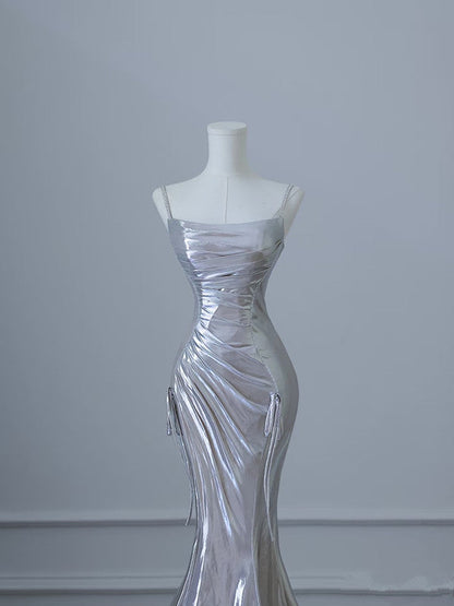 Sexy Mermaid Spaghetti Straps Silver Sequin Long Prom Dresses S3820