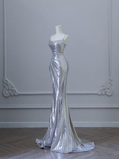 Sexy Mermaid Spaghetti Straps Silver Sequin Long Prom Dresses S3820
