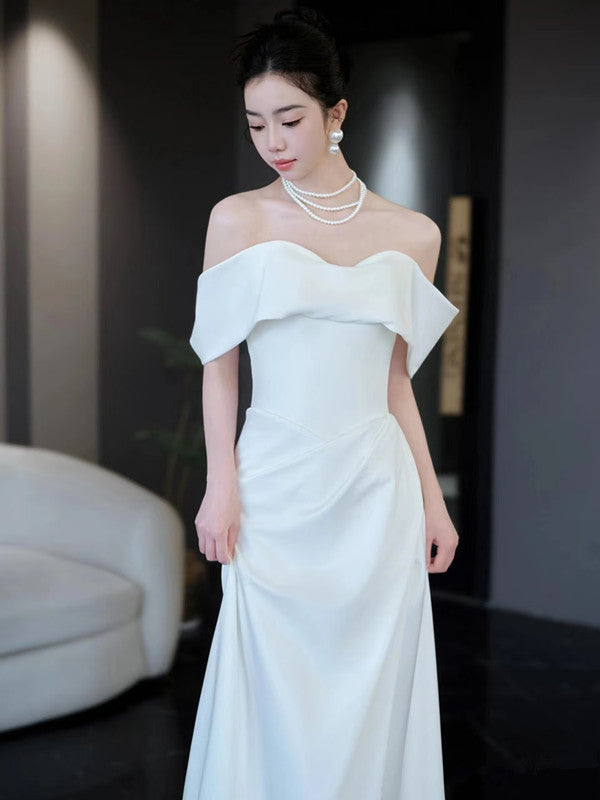 Unique Mermaid Off The Shoulder White Long Wedding Dresses With Short Sleeves Brides Dress S3822