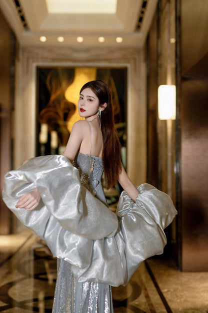 Sexy Mermaid Spaghetti Straps Silver Sequin Long Prom Dresses Evening Gowns S3825