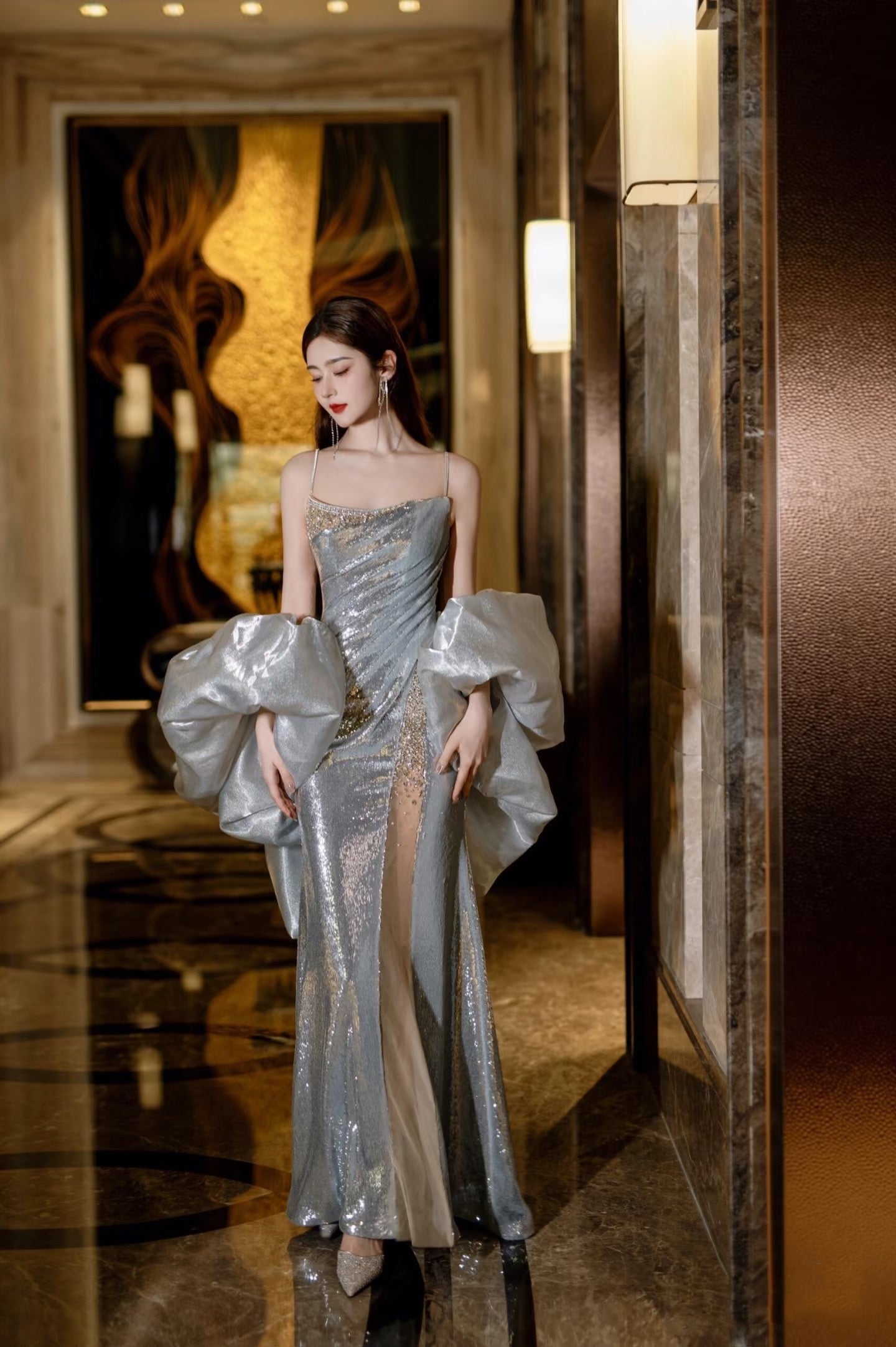 Sexy Mermaid Spaghetti Straps Silver Sequin Long Prom Dresses Evening Gowns S3825