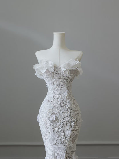 Princess Mermaid Strapless White Lace Long Wedding Dresses Brides Dress S3838