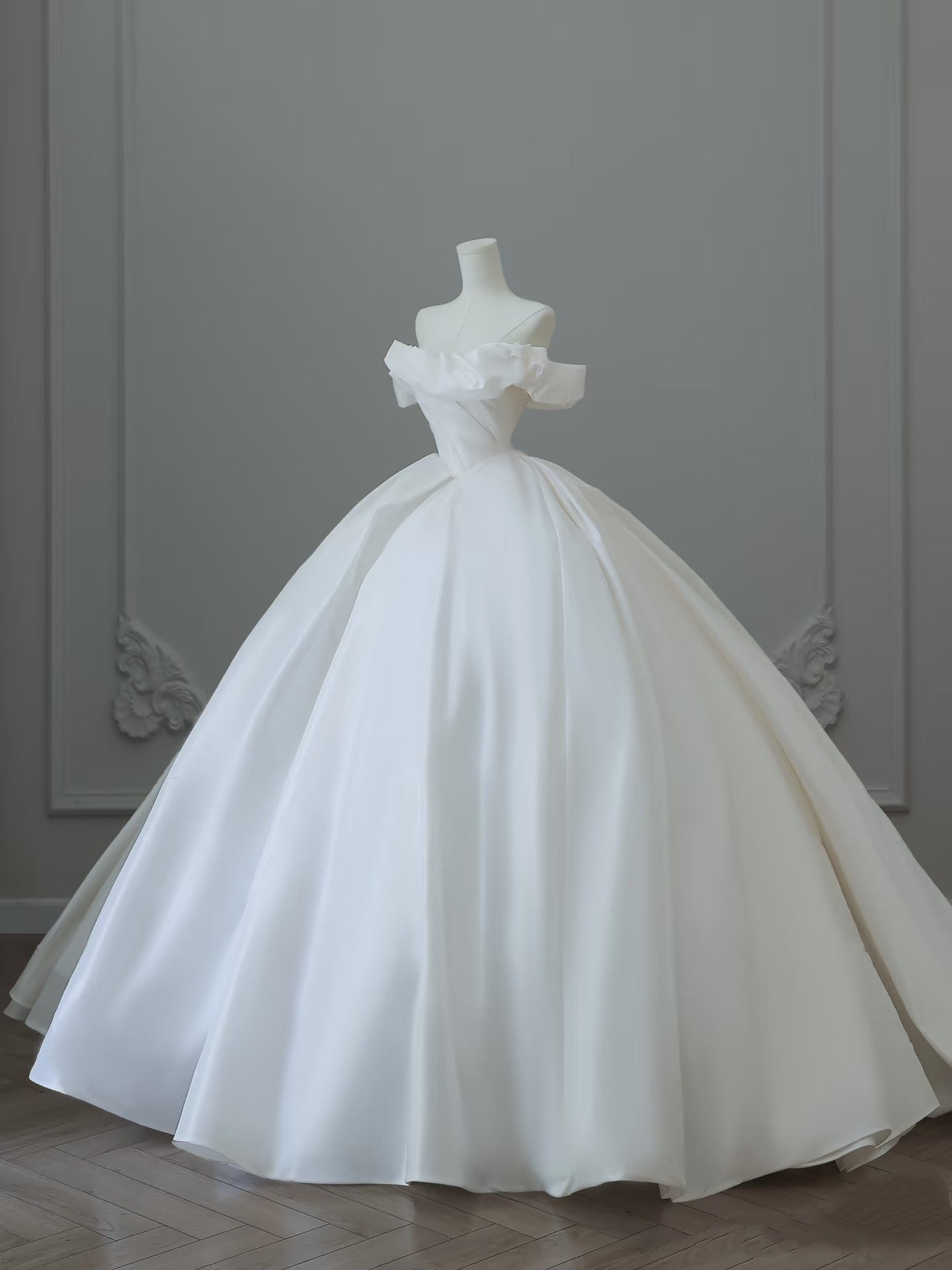 Unique Ball Gown Off The Shoulder Satin White Long Wedding Dresses Brides Dress S3841