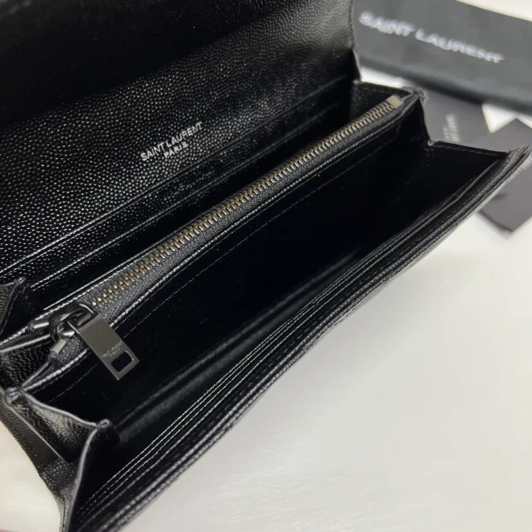YSL Long Wallet Black Leather Black Tone 10767 19cm