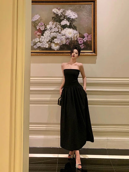 Sexy A Line Strapless Black Sleeveless Prom Dresses Party Dress Summer Birthday Outfits 18th Birthday Dresses W814