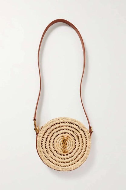 SAINT LAURENT Cassandre Round leather-trimmed raffia shoulder bag