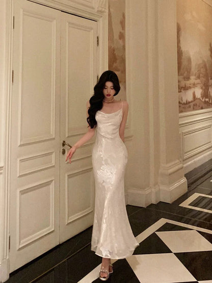 Gorgeous Mermaid Spaghetti Straps Date Night Dress Floral Ivory Satin Prom Dresses Birthday Outfit SD744