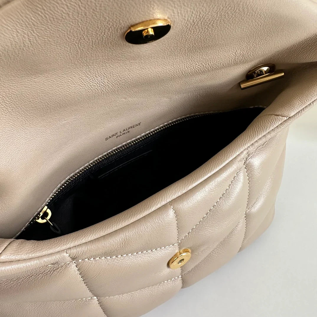YSL  Loulou Puffer Toy Bag In Quilted Lambskin Beige Size 23x15.5x8.5