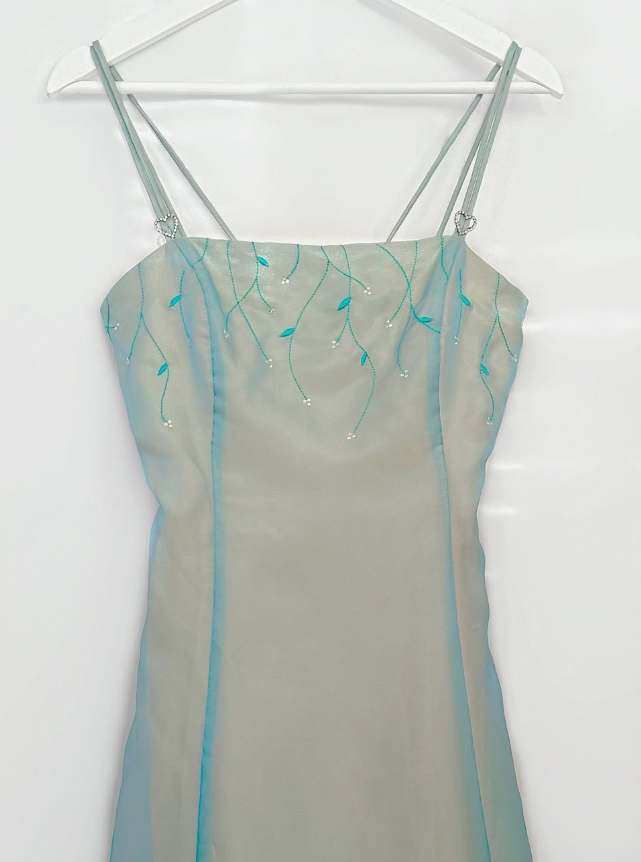 Retro Blue A Line Spaghetti Strap Embroidery Organza Prom Dress Evening Dress SH3610