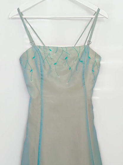 Retro Blue A Line Spaghetti Strap Embroidery Organza Prom Dress Evening Dress SH3610